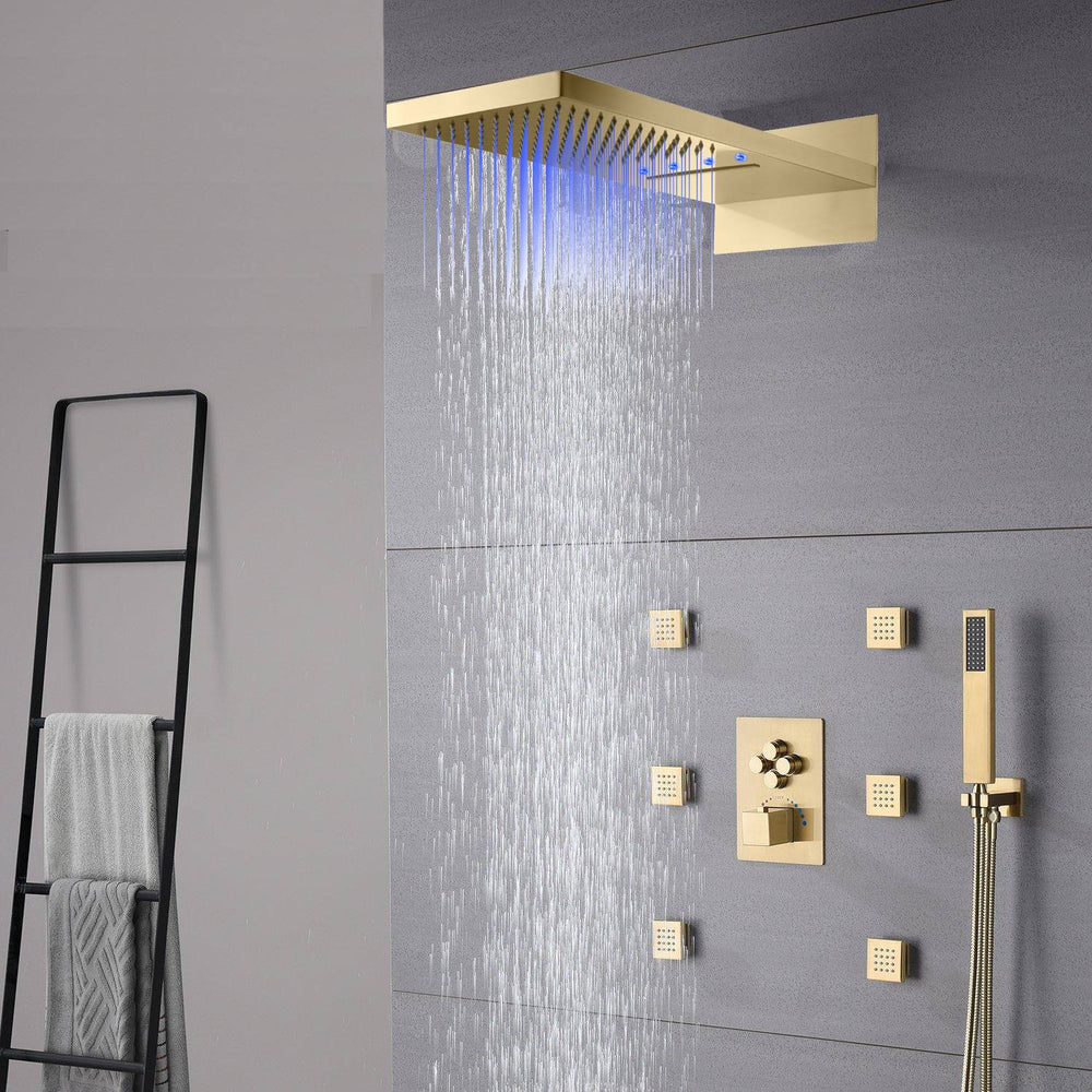 22inch Brushed gold 4 way Thermostatic Shower valve system that each function run all together and separately