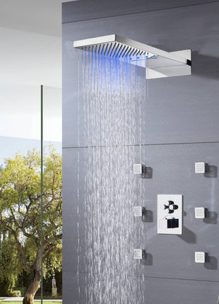 Chrome 22'' Thermostatic Shower Faucet Set Waterfall&Rain Massage Body Jet