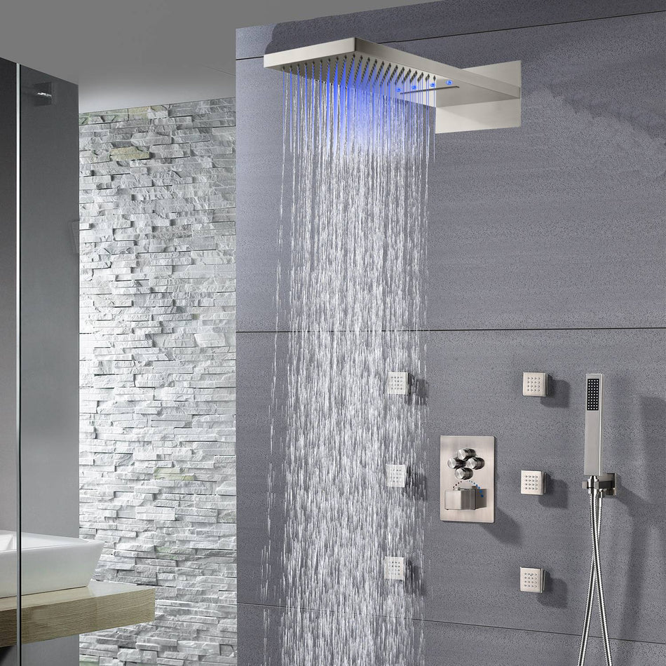 22'' Brushed Nickel 4 Way Thermostatic Shower Faucet Waterfall & Rain Massage Body Jet Spray