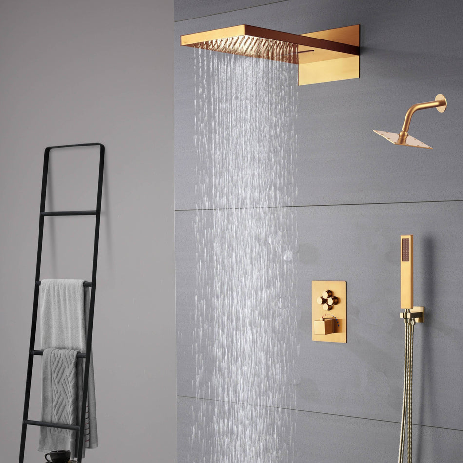 Polished Gold 22 Inch Rainfall Waterfall Shower Head 4 Way Thermostatic Shower Faucet Set with Regular head Each Function Work All Together and Separately