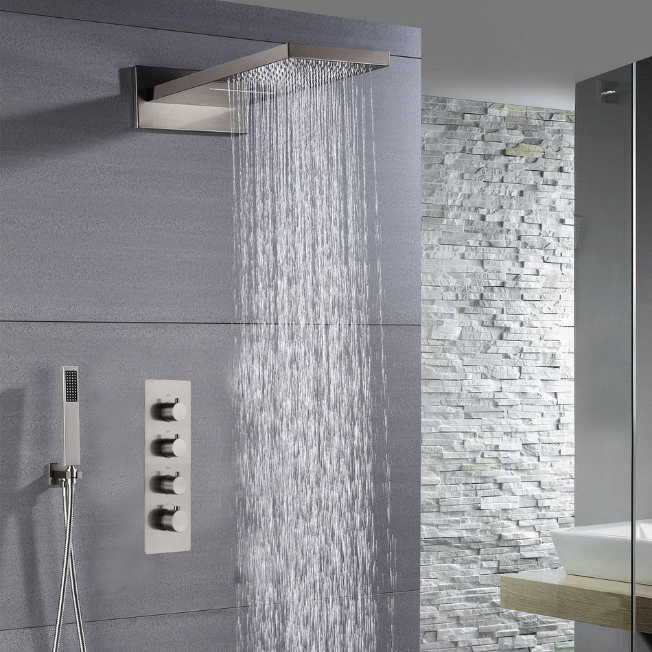 22-Inch Brushed Gold or Brushed Nickel Or Matte Black 3 Way Thermostatic Shower Faucet System with Rainfall and Waterfall
