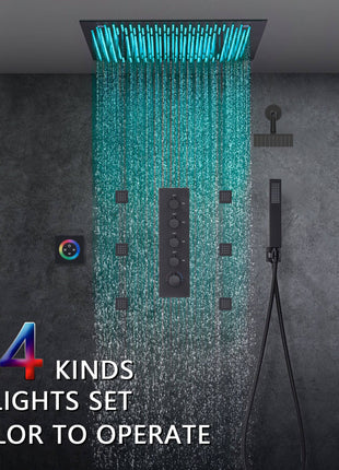 64 LED colors 20 inch Matte Black flushed on rainfall shower systems 4 way Digital display thermostatic valve with 6 body jets and Regular head