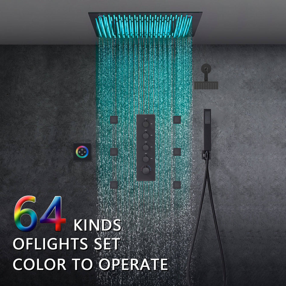 64 LED colors 20 inch Matte Black flushed on rainfall shower systems 4 way Digital display thermostatic valve with 6 body jets and Regular head