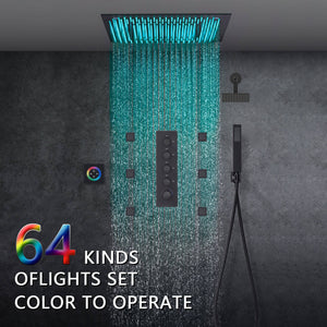 
                  
                    64 LED colors 20 inch Matte Black flushed on rainfall shower systems 4 way Digital display thermostatic valve with 6 body jets and Regular head
                  
                