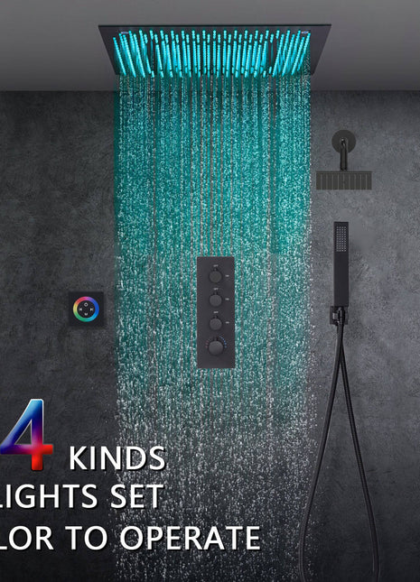 64 LED colors 20 inch Matte Black flushed on rainfall shower systems 3 way Digital display thermostatic valve with Regular head and touch panel