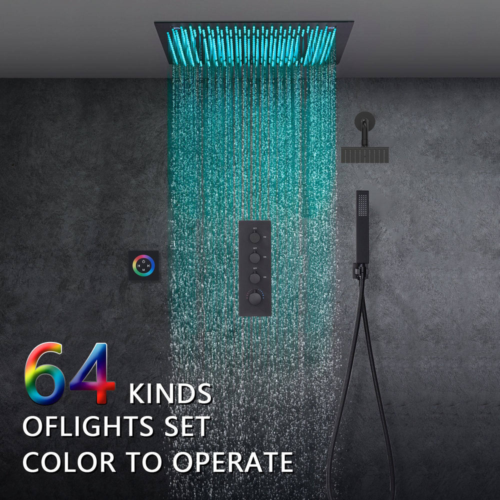 
                  
                    64 LED colors 20 inch Matte Black flushed on rainfall shower systems 3 way Digital display thermostatic valve with Regular head and touch panel
                  
                
