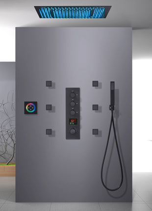 64 LED colors 20 inch Matte Black flushed on rainfall shower systems 3 way Digital display thermostatic shower faucet with 6 body jets and touch panel