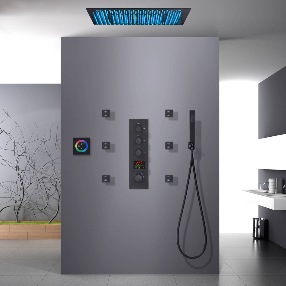64 LED colors 20 inch Matte Black flushed on rainfall shower systems 3 way Digital display thermostatic shower faucet with 6 body jets and touch panel