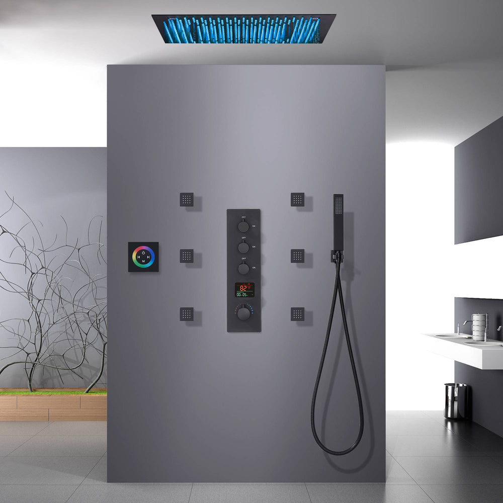 64 LED colors 20 inch Matte Black flushed on rainfall shower systems 3 way Digital display thermostatic valve with 6 body jets and touch panel