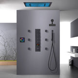64 LED colors 20 inch Matte Black flushed on rainfall shower systems 4 way Digital display thermostatic valve with 6 body jets and Regular head