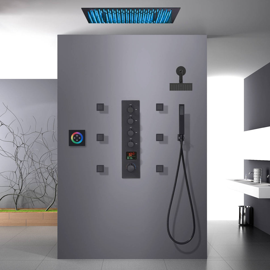 64 LED colors 20 inch Matte Black flushed on rainfall shower systems 4 way Digital display thermostatic valve with 6 body jets and Regular head