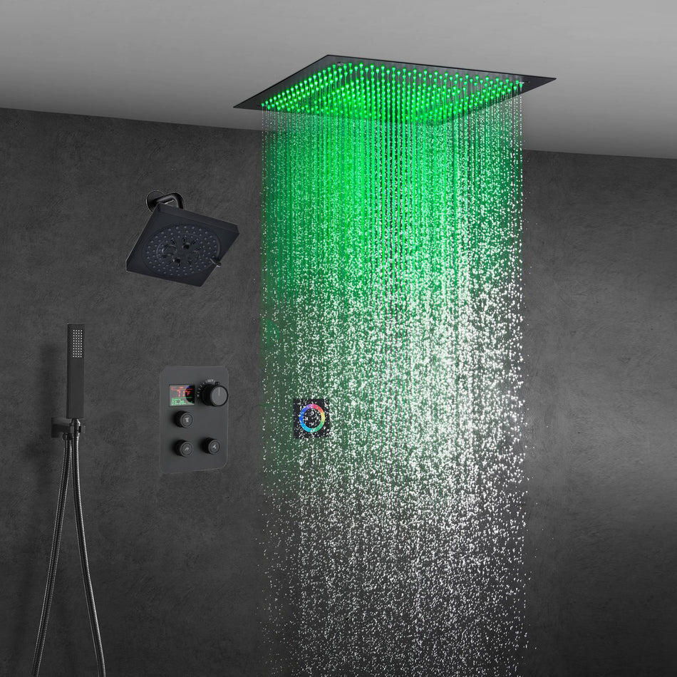 64 LED colors 20 inch Matte Black flushed on rainfall shower systems 3 way Digital display thermostatic valve with Regular head and touch panel