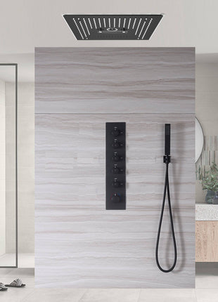 Matte black flushed on 16 inch rainfall waterfall mist hydro-water massage 64 LED light Bluetooth Music shower head 5 way digital display shower faucet