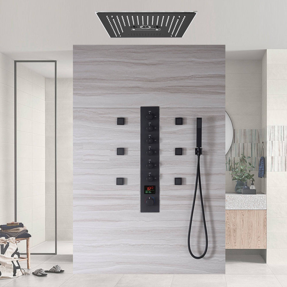 Matte black flushed on 16 inch rainfall waterfall mist hydro-water massage 64 LED light Bluetooth Music shower head 6 way digital display shower faucet with body jets