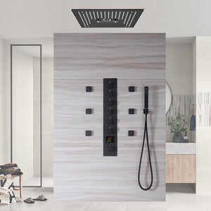 
                  
                    Matte black flushed on 16 inch rainfall waterfall mist hydro-water massage 64 LED light Bluetooth Music shower head 6 way digital display shower faucet with body jets
                  
                