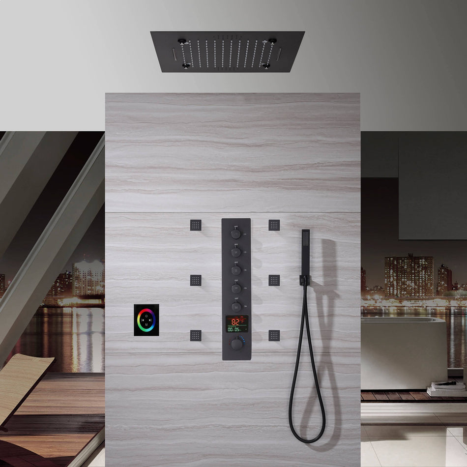 Matte Black 20 Inch Flushed Ceiling Mount Rainfall Waterfall Mist 64 LED Light Bluetooth Music Shower Head 5 Way Thermostatic Shower Faucet Set with Body Jets and Touch Panel