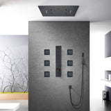 Matte Black Flushed in 31 Inch Rainfall Waterfall Bluetooth Music LED Light Shower Head 6 Functions Thermostatic Shower Faucet Set with Body Jets Each Function Work All Together and Separately