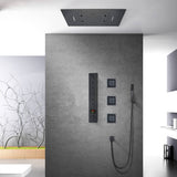 Matte Black Flushed in 31 Inch Rainfall Waterfall Bluetooth Music LED Light Shower Head 6 Functions Thermostatic Shower Faucet Set with Body Jets Each Function Work All Together and Separately