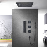 Matte Black Flushed in 31 Inch Rainfall Waterfall Bluetooth Music LED Light Shower Head 6 Functions Thermostatic Shower Faucet Set with Body Jets Each Function Work All Together and Separately