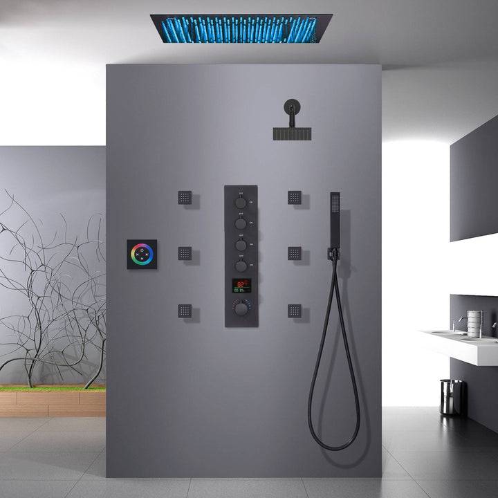 64 LED colors 20 inch Matte Black flushed on rainfall shower systems 4 way digital display thermostatic valve with Regular head and 6 body jets and touch panel