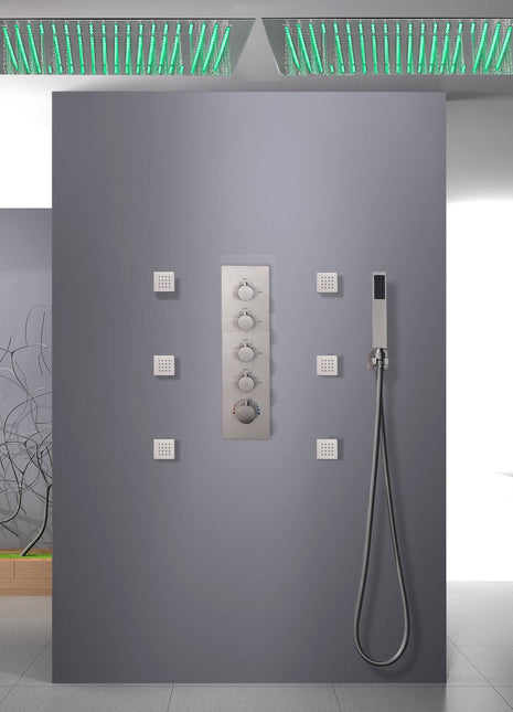 Brushed nickel Dual Bluetooth Music 64 LED colors 20 inch flushed on rainfall shower systems 4 way thermostatic valve with 6 body jets and touch panel
