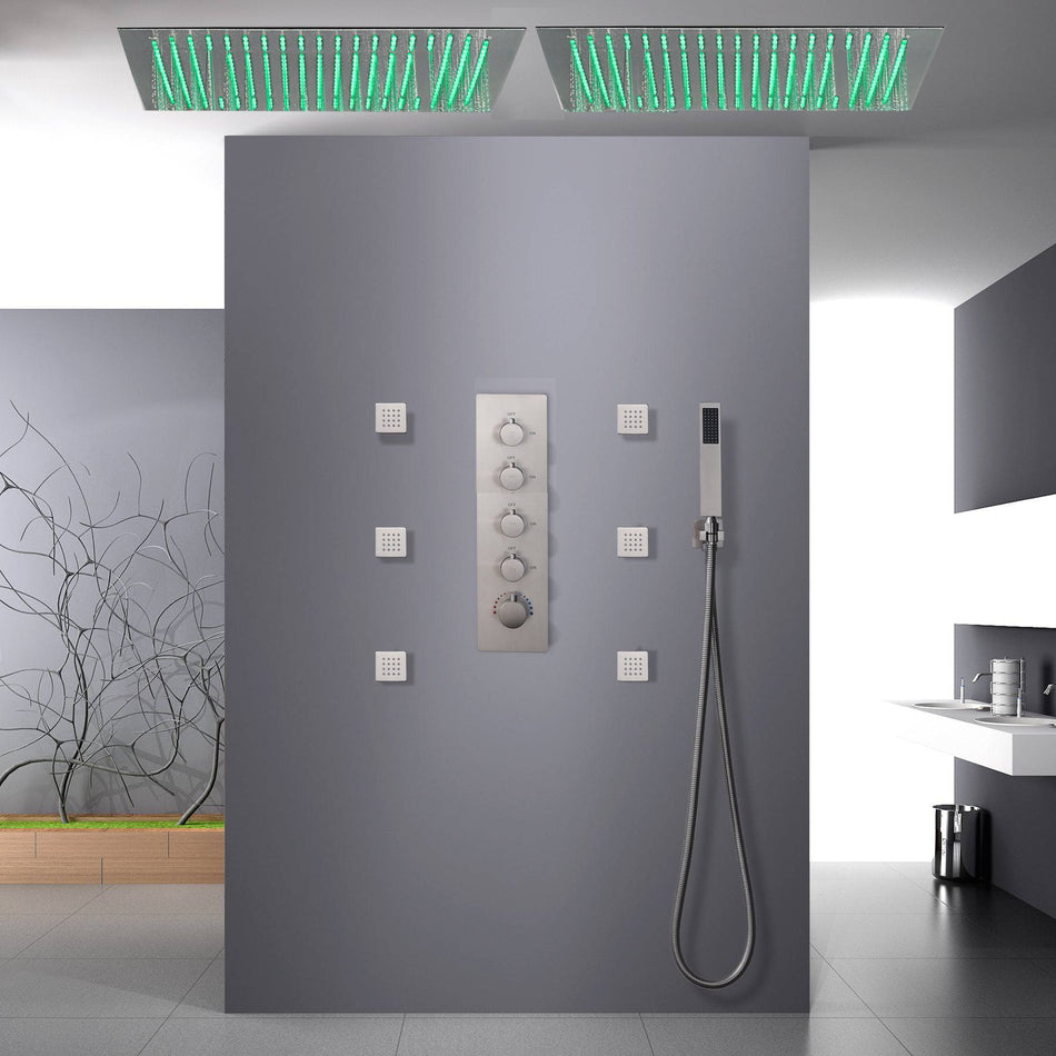 Brushed nickel Dual Bluetooth Music 64 LED colors 20 inch flushed on rainfall shower systems 4 way thermostatic valve with 6 body jets and touch panel