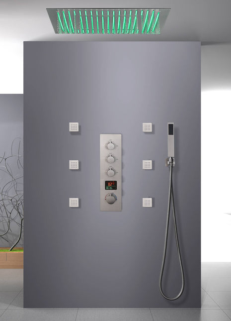 Brushed nickel 64 LED colors 20 inch flushed on rainfall shower systems 3 way Digital display thermostatic valve with 6 body jets and touch panel