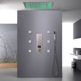 Brushed nickel 64 LED colors 20 inch flushed on rainfall shower systems 3 way Digital display thermostatic valve with 6 body jets and touch panel