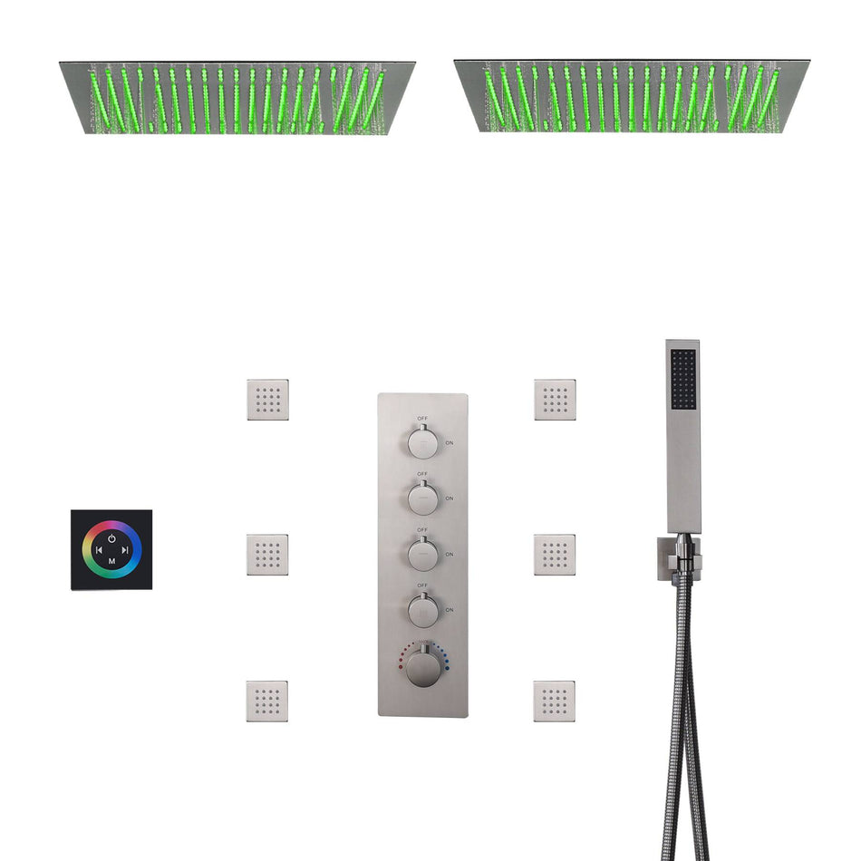 Brushed nickel Dual Bluetooth Music 64 LED colors 20 inch flushed on rainfall shower systems 4 way thermostatic valve with 6 body jets and touch panel