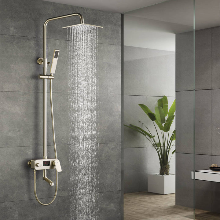 Brushed gold 8 inch  rain head 3 function digital display exposed handle shower set with tub spout and handle shower