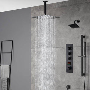
                  
                    matte black ceiling mount 12 inch or 16 inch rain head 3 way digital display thermostatic shower faucet with Regular head
                  
                