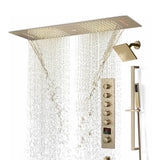 Brushed Gold 36 Inch  Flushed Ceiling Mount Rainfall Waterfall Water Column 64 LED Light Bluetooth Music Shower Head 5 Way Digital display Thermostatic Shower Faucet Set with Regular head and Touch Panel