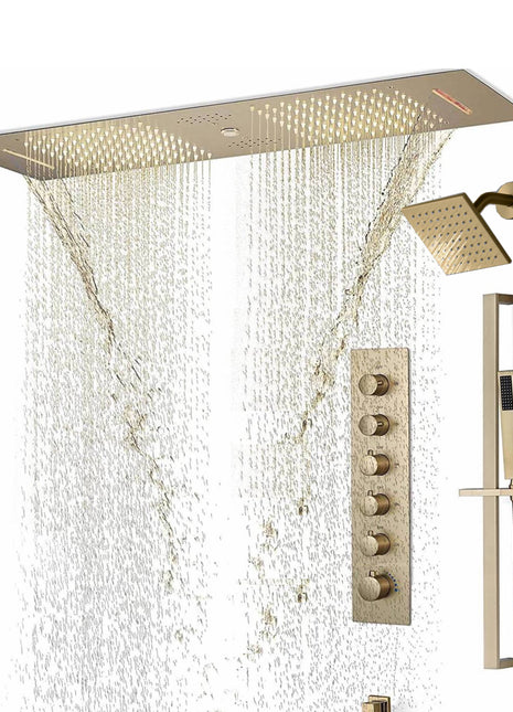Brushed Gold 36 Inch  Flushed Ceiling Mount Rainfall Waterfall Water Column 64 LED Light Bluetooth Music Shower Head 5 Way Digital display Thermostatic Shower Faucet Set with Regular head and Touch Panel