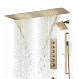 Brushed Gold 36 Inch  Flushed Ceiling Mount Rainfall Waterfall Water Column 64 LED Light Bluetooth Music Shower Head 5 Way Digital display Thermostatic Shower Faucet Set with Regular head and Touch Panel