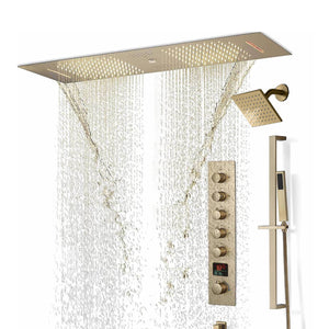 
                  
                    Brushed Gold 36 Inch  Flushed Ceiling Mount Rainfall Waterfall Water Column 64 LED Light Bluetooth Music Shower Head 5 Way Digital display Thermostatic Shower Faucet Set with Regular head and Touch Panel
                  
                