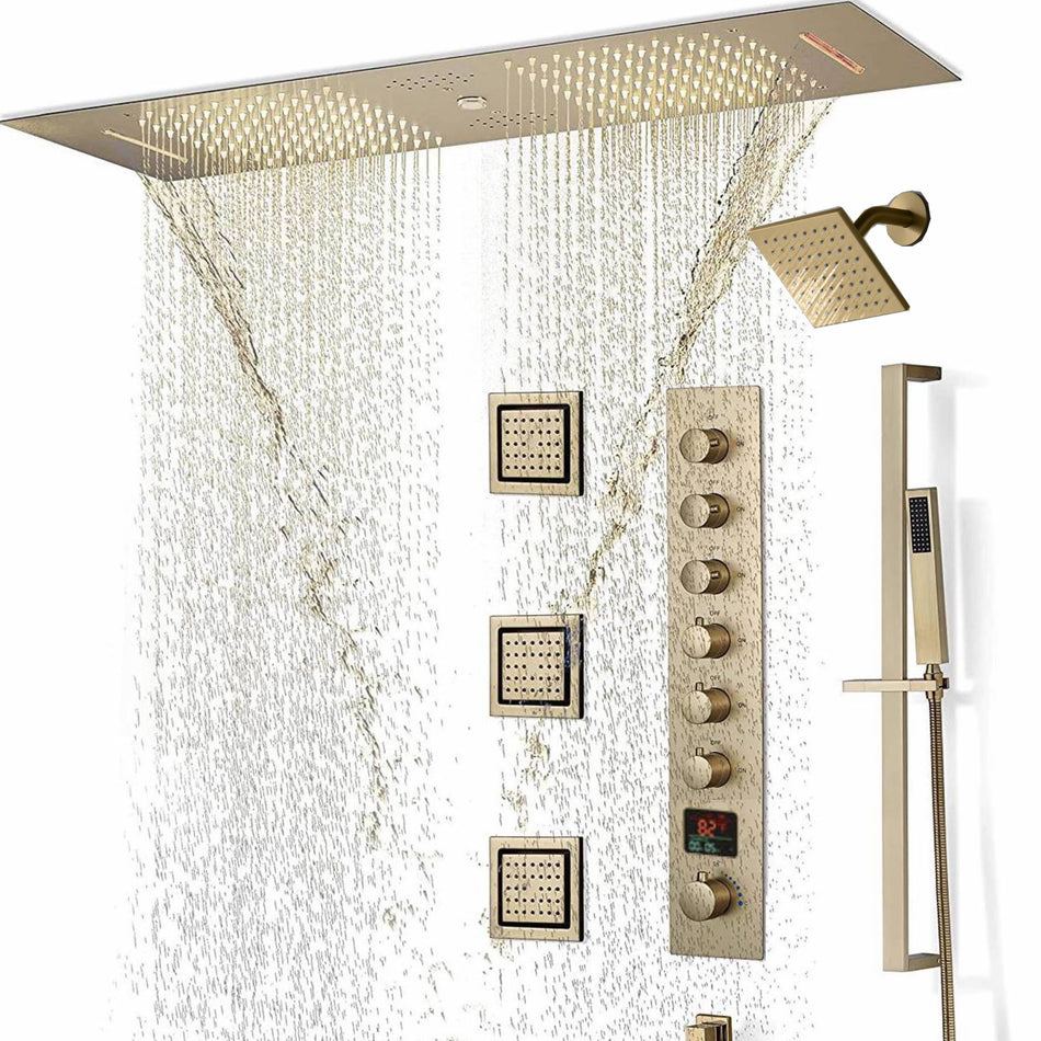 Brushed Gold 36 Inch  Flushed Ceiling Mount Rainfall Waterfall Water Column 64 LED Light Bluetooth Music Shower Head 6 Way Digital display Thermostatic Shower Faucet Set with Body Jets and Touch Panel