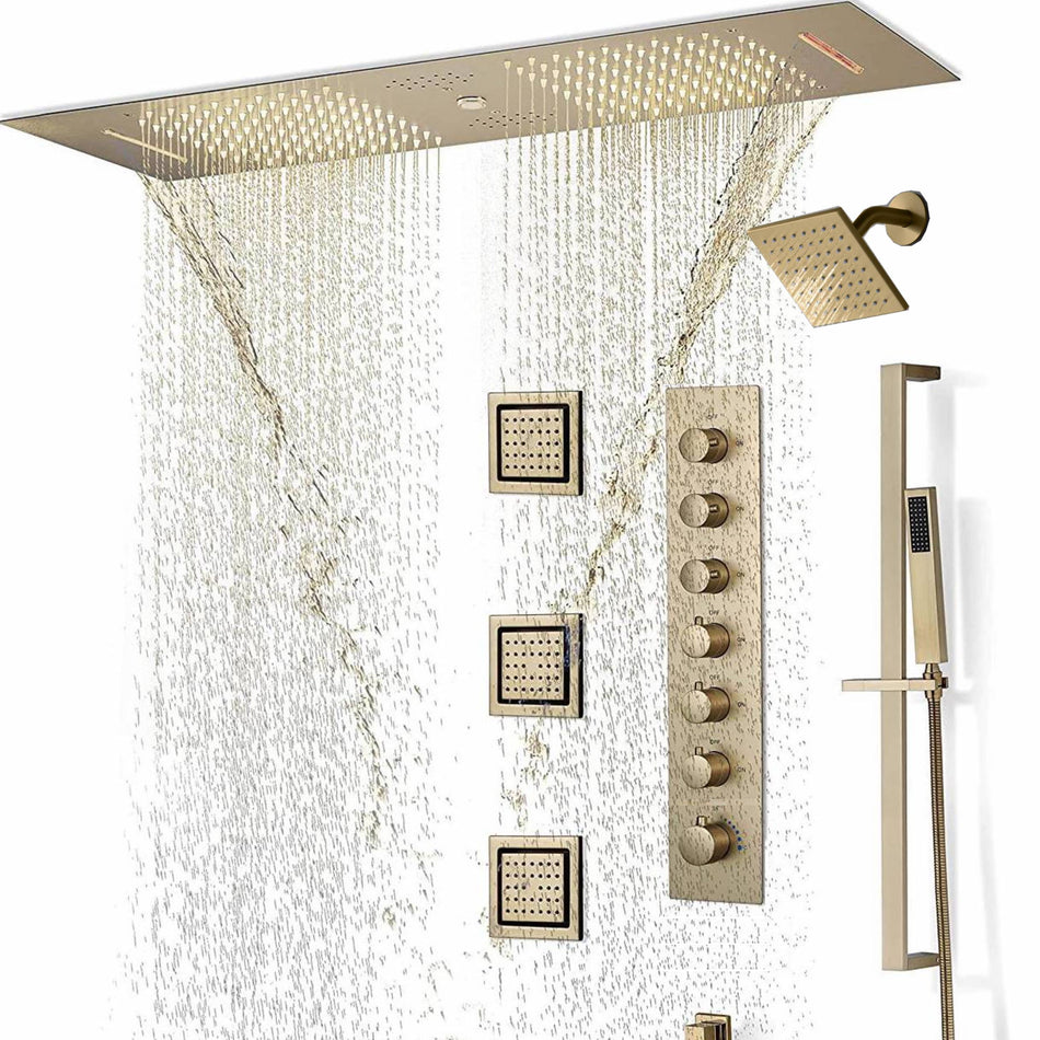 Brushed Gold 36 Inch  Flushed Ceiling Mount Rainfall Waterfall Water Column 64 LED Light Bluetooth Music Shower Head 6 Way Digital display Thermostatic Shower Faucet Set with Body Jets and Touch Panel