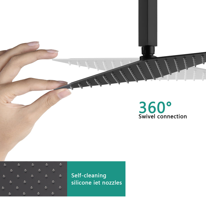 matte black ceiling mount 12 inch or 16 inch rain head 3 way digital display thermostatic shower faucet with Regular head