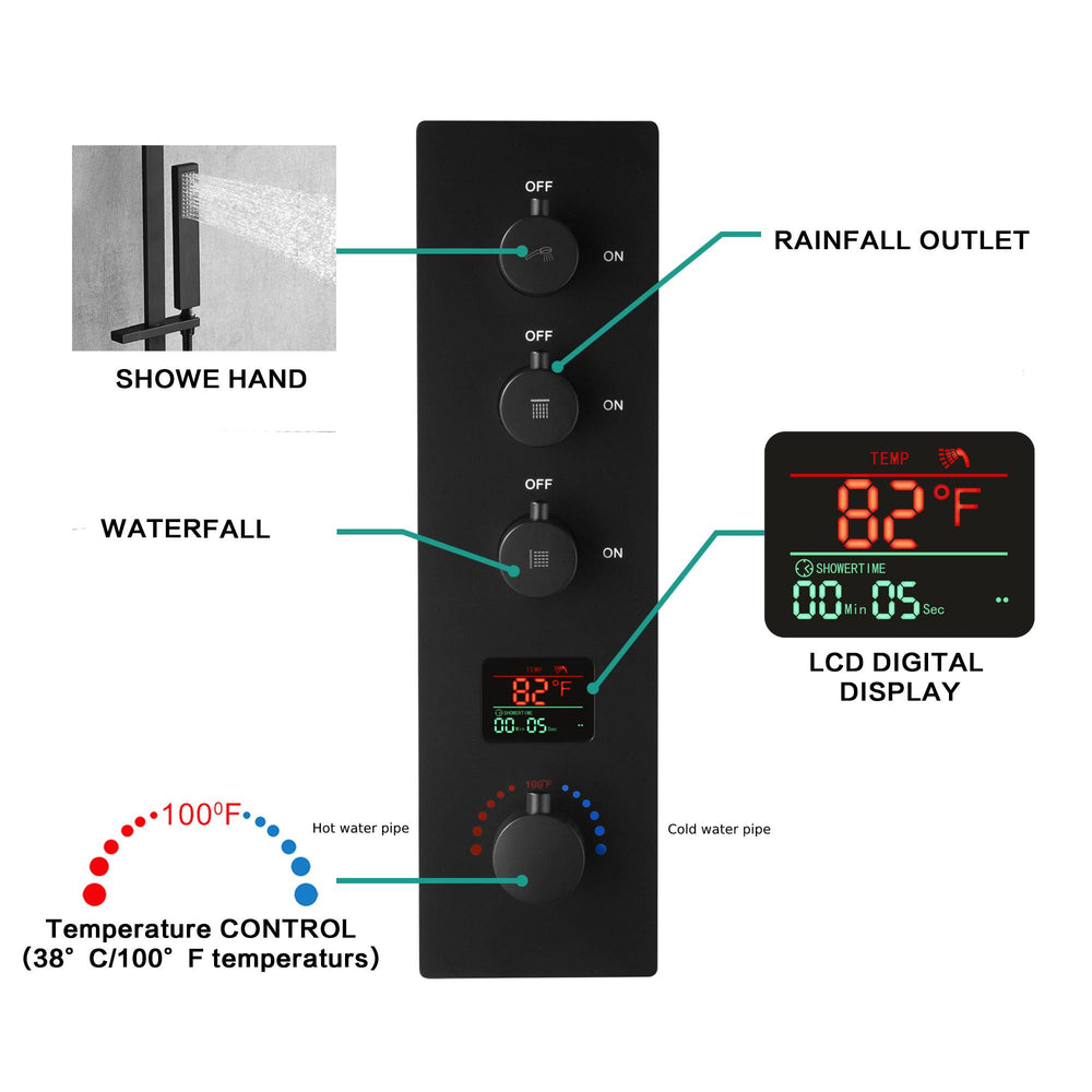
                  
                    22inch rainfall and waterfall matte black 3 Way digital Thermostatic Shower Faucet with Sliding bar
                  
                