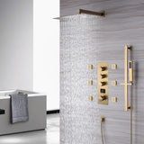 Brushed Gold Wall Mounted 12 inch or 16 Inch Rainfall Shower Head 3 Way Thermostatic Shower Faucet Set with Slide Bar and 6 Body Jets Each Function Work All Together and Separately