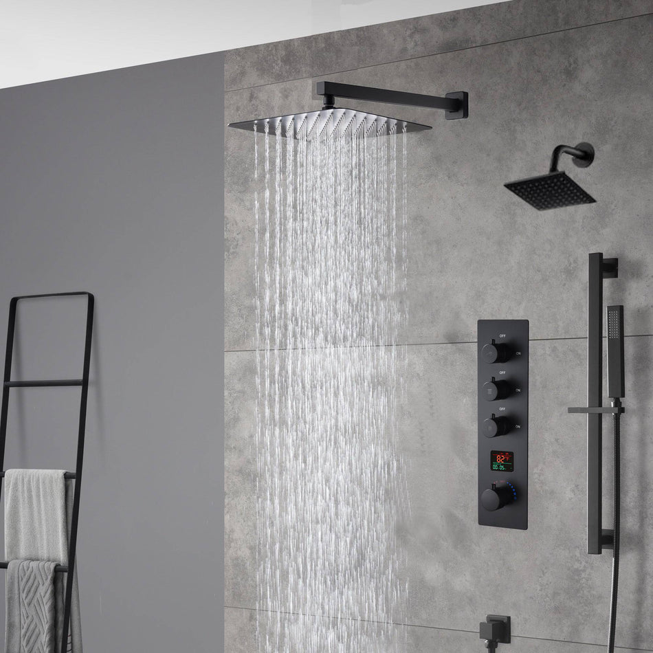 matte black wall mount 12 inch or 16 inch rain head 3 way digital display thermostatic shower faucet with Regular head