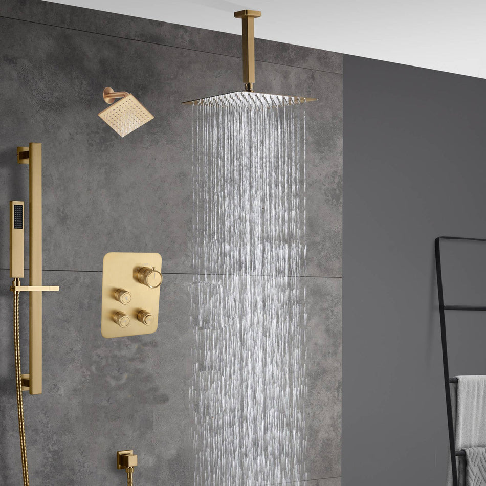 Brushed Gold rainfall shower head high pressure shower head 3 way digital display thermostatic valve shower heads systems each function work at the same time and separately