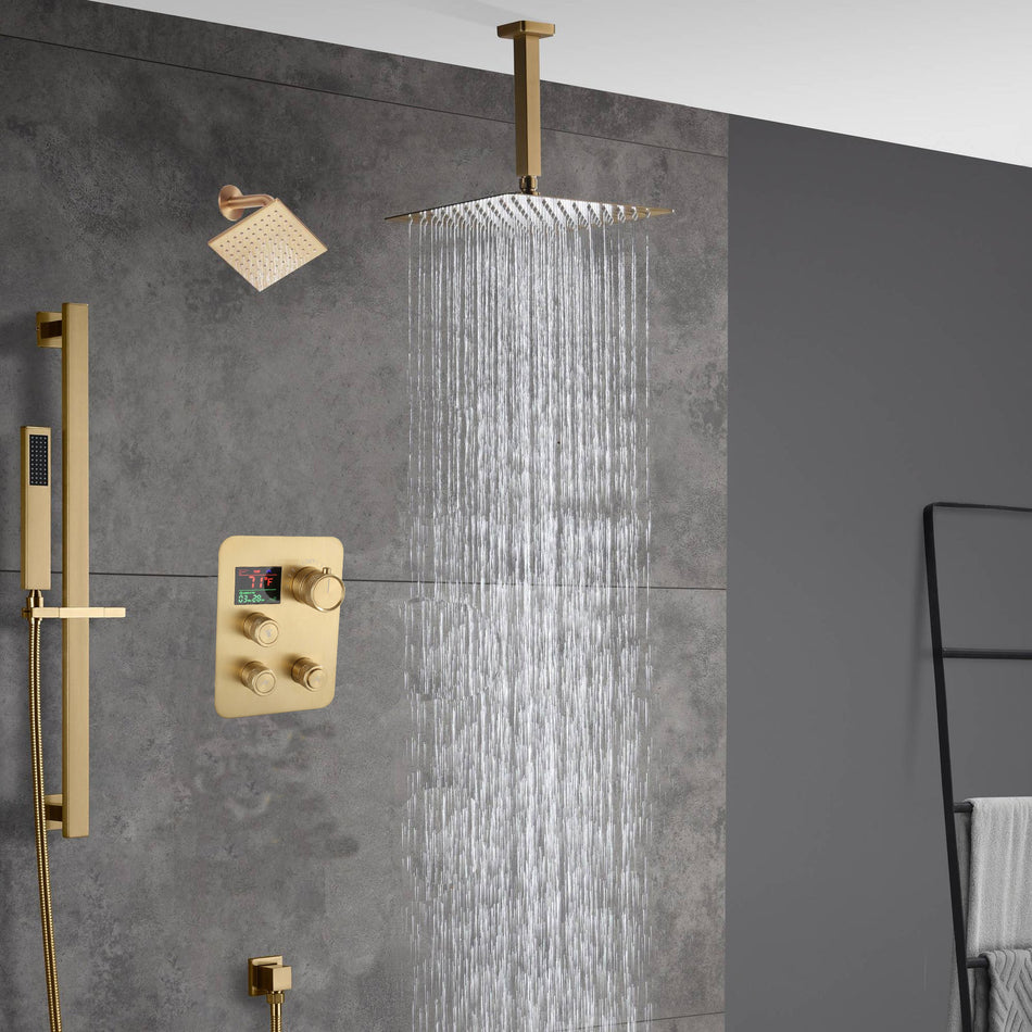Brushed Gold rainfall shower head high pressure shower head 3 way digital display thermostatic valve shower heads systems each function work at the same time and separately