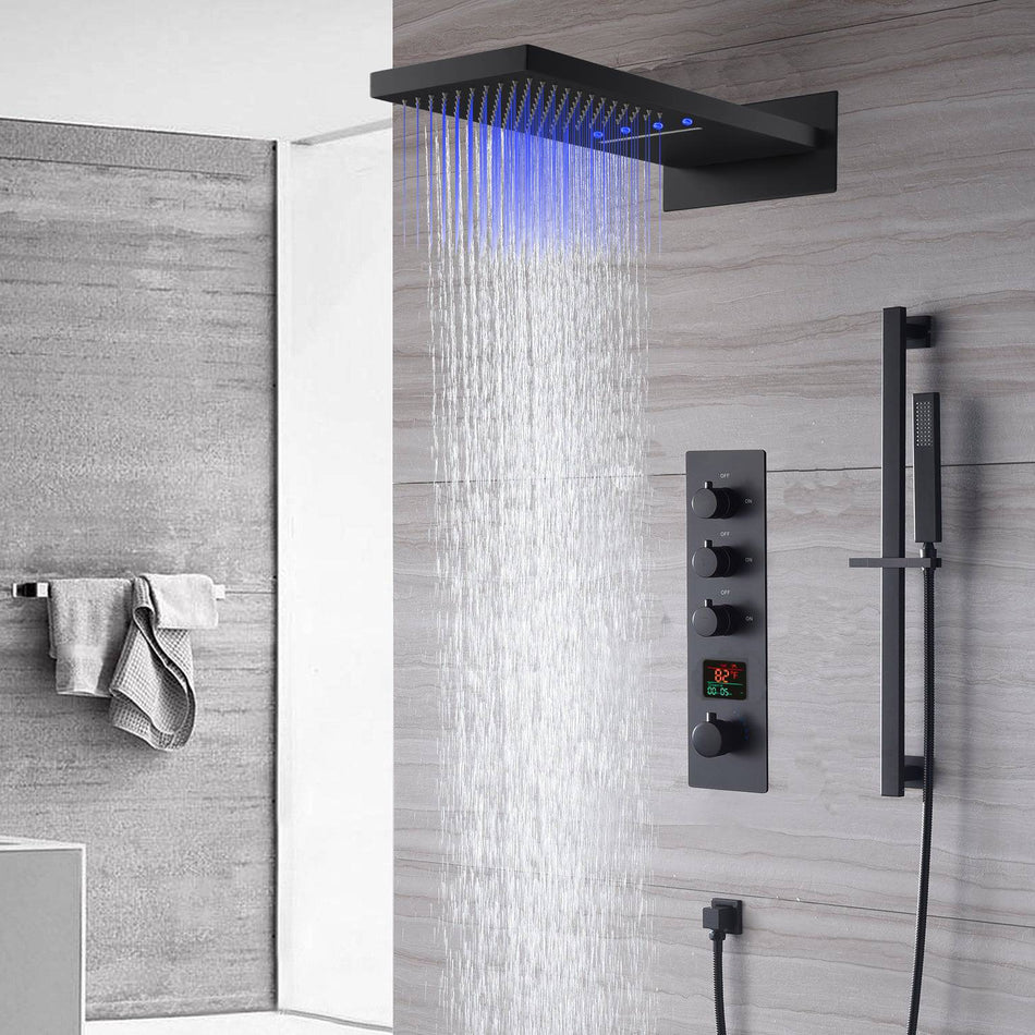 22inch rainfall and waterfall matte black 3 Way digital Thermostatic Shower Faucet with Sliding bar