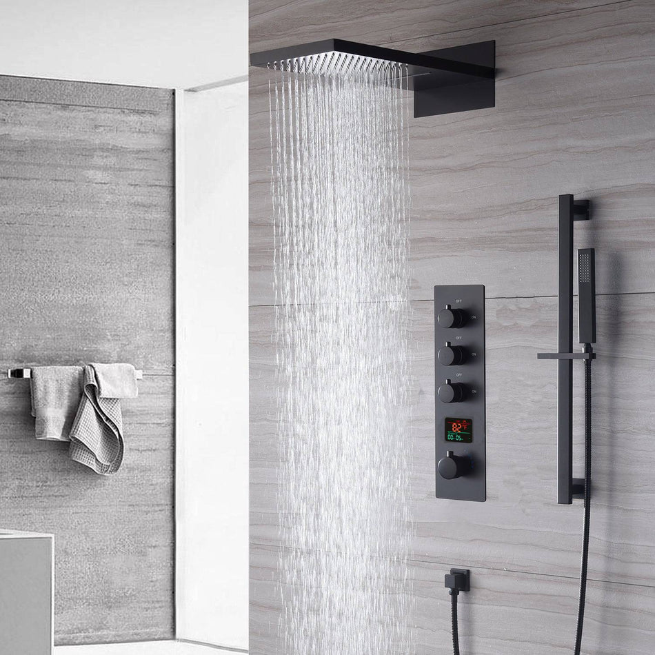 22inch rainfall and waterfall matte black 3 Way digital Thermostatic Shower Faucet with Sliding bar