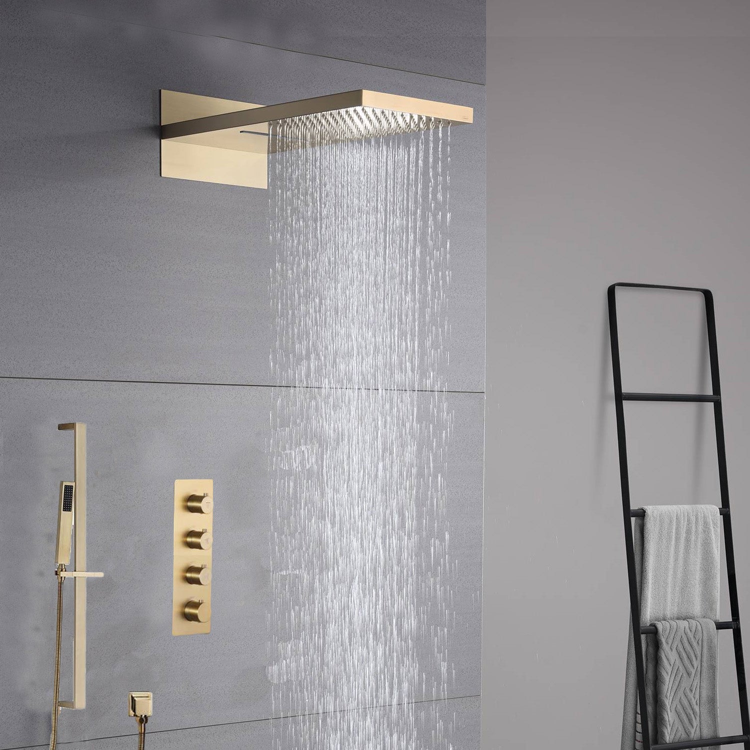 22-Inch Brushed Gold or Brushed Nickel Or Matte Black 3 Way Thermostatic Shower Faucet System with Rainfall and Waterfall - Grolta Group USA