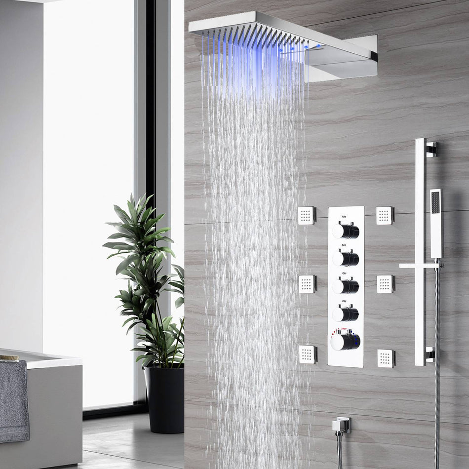 22'' chrome 4 Way Thermostatic Shower Faucet Waterfall & Rain Massage Body Jet Spray and sliding bar