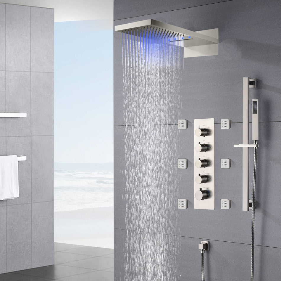 22-Inch Brushed Nickel 4-Way Thermostatic Shower Faucet with Waterfall, Rain, Body Jet Spray, and Sliding Bar