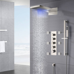 
                  
                    22-Inch Brushed Nickel 4-Way Thermostatic Shower Faucet with Waterfall, Rain, Body Jet Spray, and Sliding Bar
                  
                
