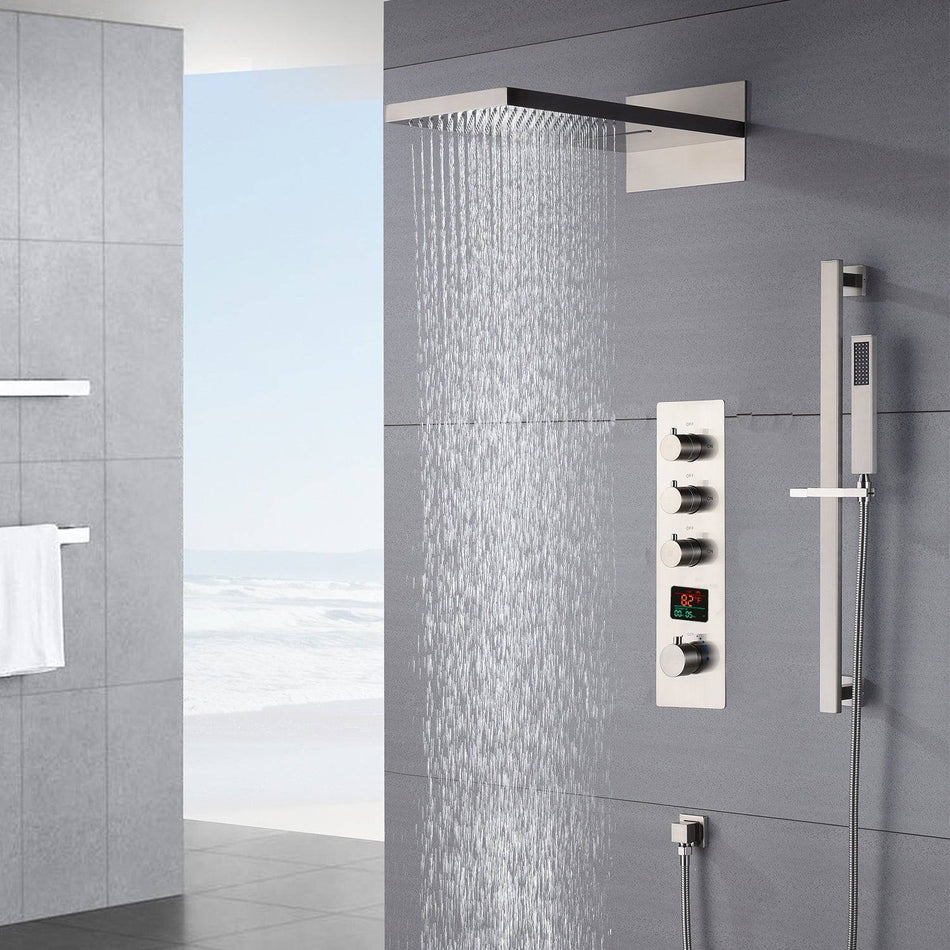 22inch rainfall and waterfall Brushed Nickel 3 Way digital Thermostatic Shower Faucet